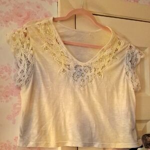 LoveShackFancy Rubin Blue And Yellow Hand Dye Cropped Lace Top